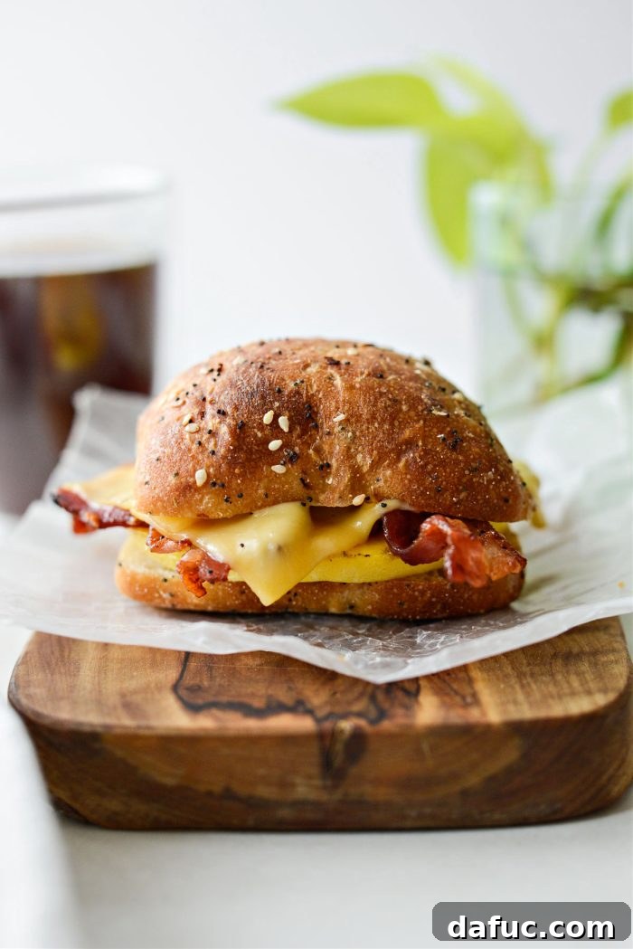 A perfectly cooked Bacon Gouda Breakfast Sandwich, ready to eat