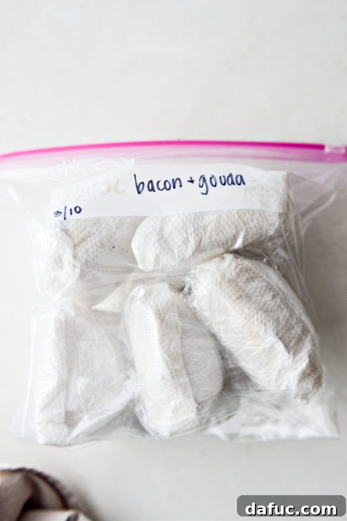 Individually wrapped Bacon Gouda Breakfast Sandwiches being placed in a freezer bag for meal prep
