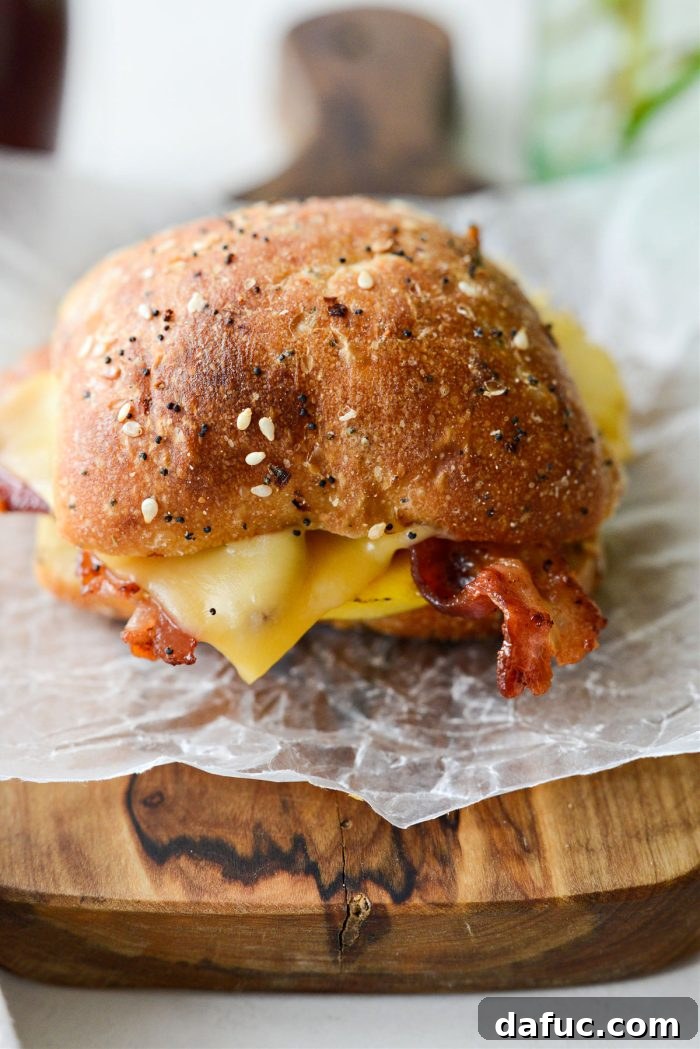 Another view of the Bacon Gouda Breakfast Sandwiches on a wooden board