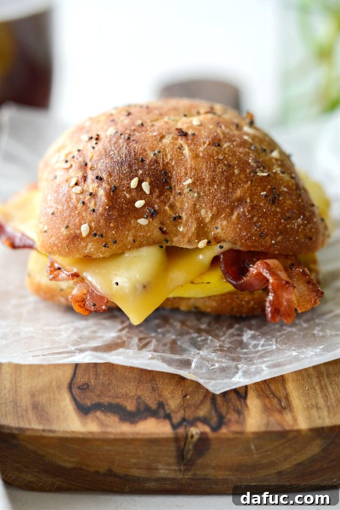 Close-up of a Bacon Gouda Breakfast Sandwich with a bite taken out