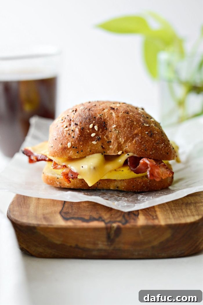 Close-up of a Bacon Gouda Breakfast Sandwich, showing the layers of egg, bacon, and melted cheese on an everything roll.