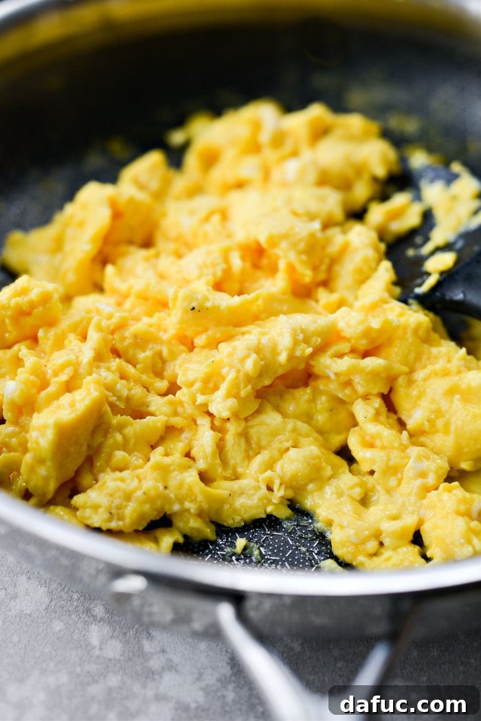 Perfectly scrambled eggs, light and fluffy, ready for tacos