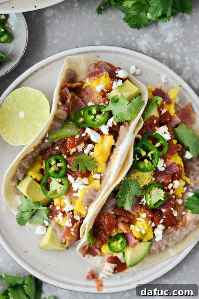 Another enticing shot of Breakfast Tacos, garnished and ready
