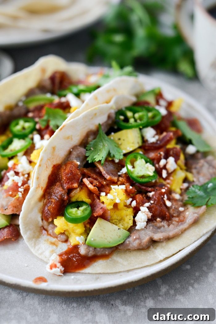 Up-close shot of a perfectly assembled Breakfast Taco with fresh toppings