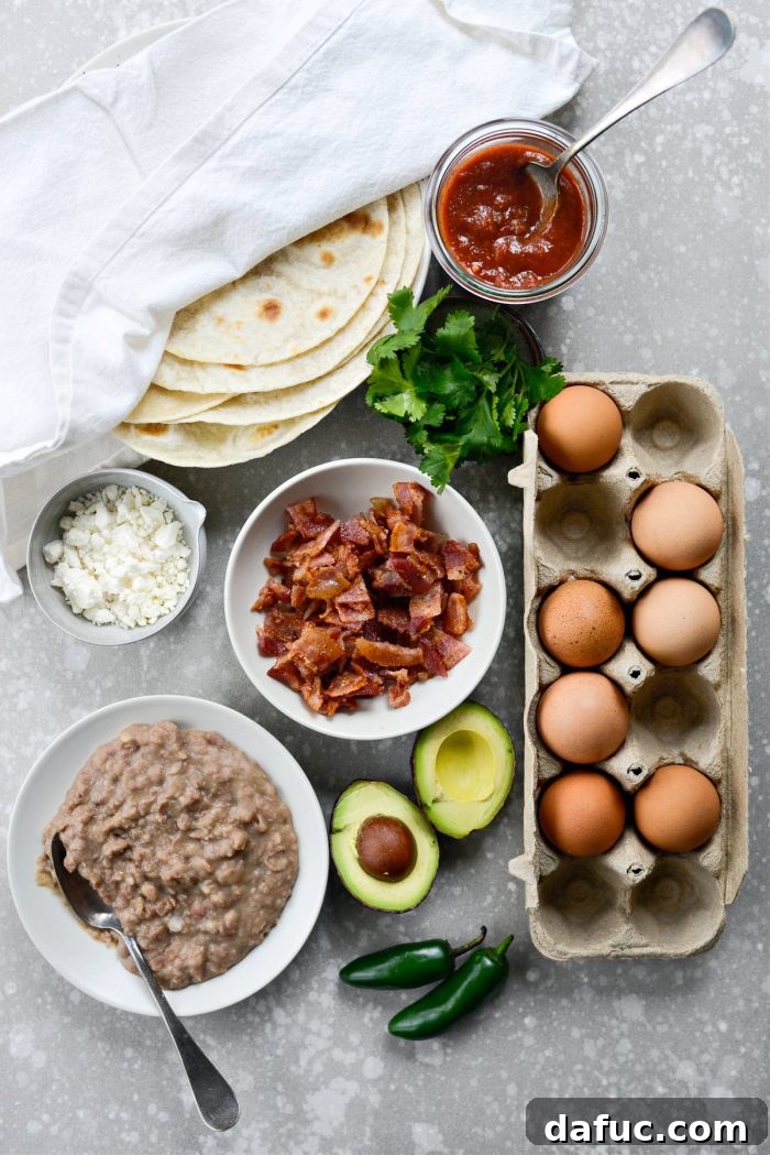 All the fresh ingredients laid out for making delicious Breakfast Tacos