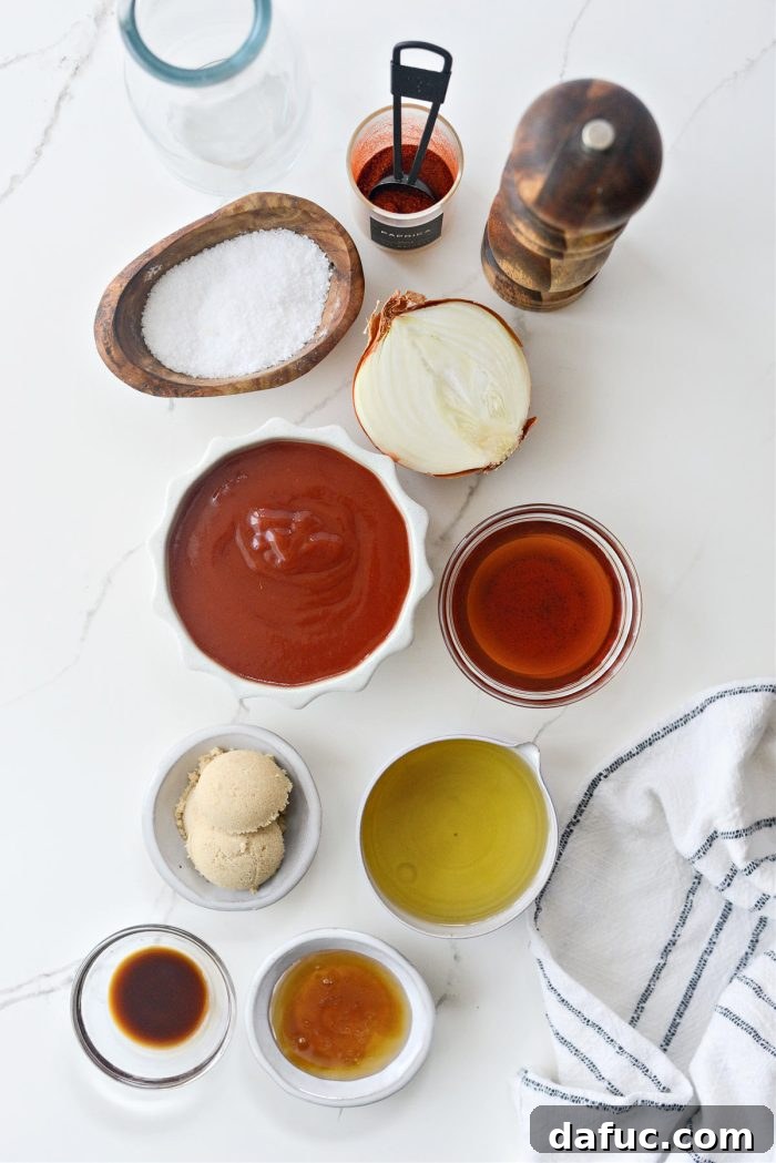 Tangy Homemade Catalina Vinaigrette 4 Ingredients for Homemade Catalina Dressing laid out on a counter.