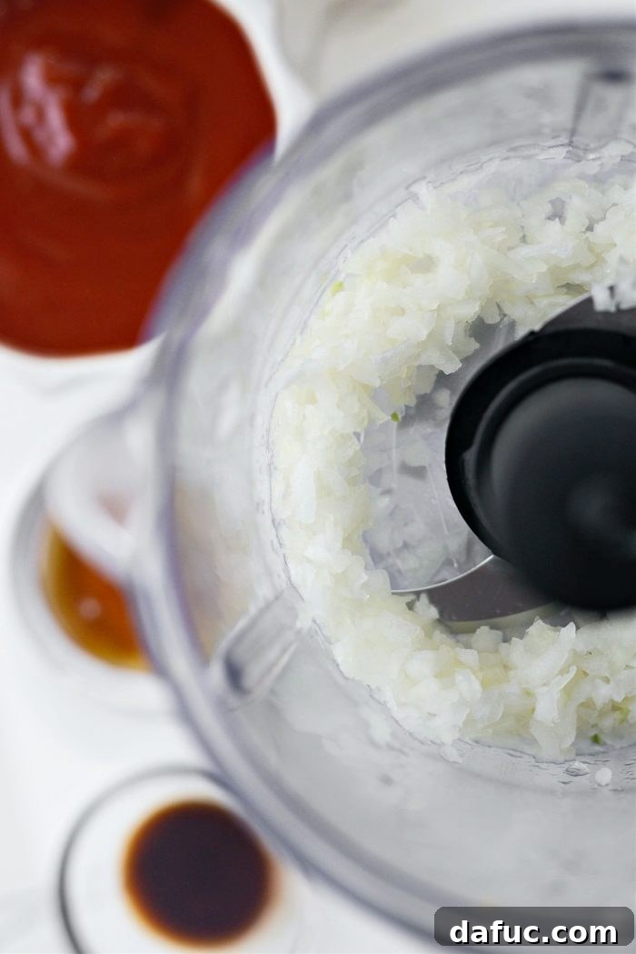 Tangy Homemade Catalina Vinaigrette 5 Finely chop yellow onion in a food processor for the Catalina dressing base.