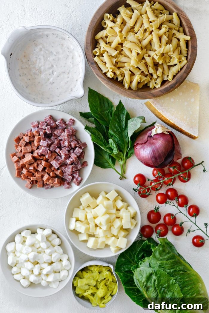 Ingredients for Italian Grinder Pasta Salad Laid Out