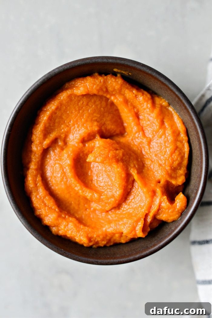 Velvety Sweet Potato Puree 11 A vibrant bowl of sweet potato puree with a spoon, ready to be enjoyed.