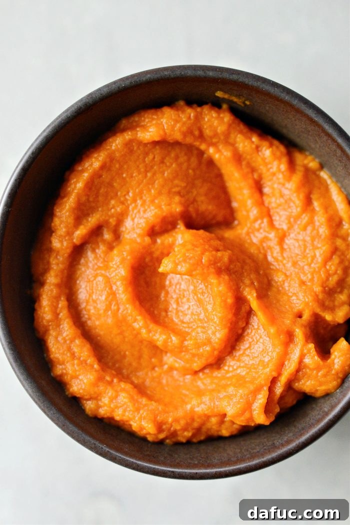 Velvety Sweet Potato Puree 9 A bowl of freshly made, smooth sweet potato puree.