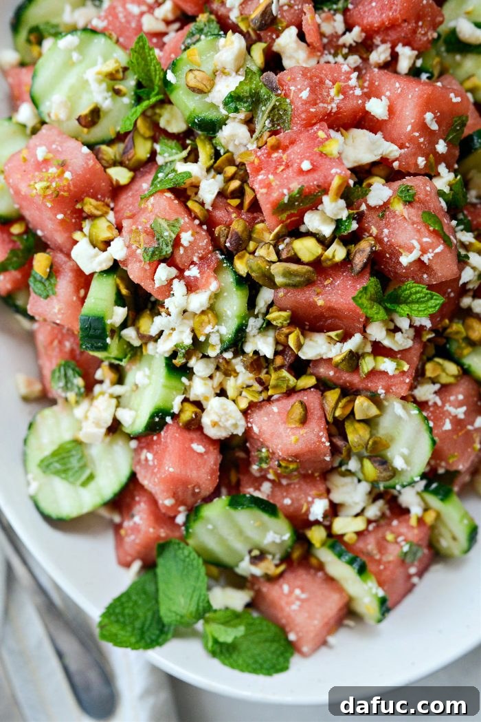 Refreshing Watermelon Feta Cucumber Salad 2 Refreshing Cucumber Watermelon Feta Salad with mint and pistachios