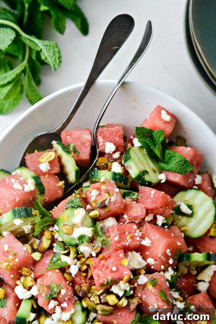 Refreshing Watermelon Feta Cucumber Salad 3 Close-up of freshly cut watermelon cubes for salad