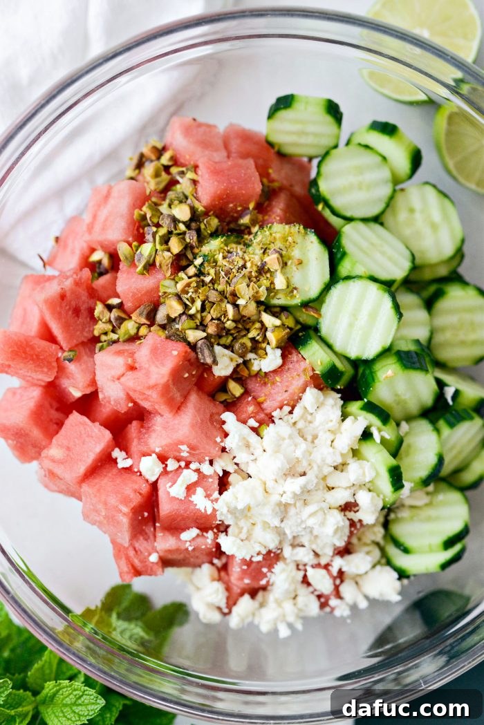 Refreshing Watermelon Feta Cucumber Salad 5 Ingredients for Cucumber Watermelon Feta Salad: watermelon, cucumber, feta, pistachios, mint, lime