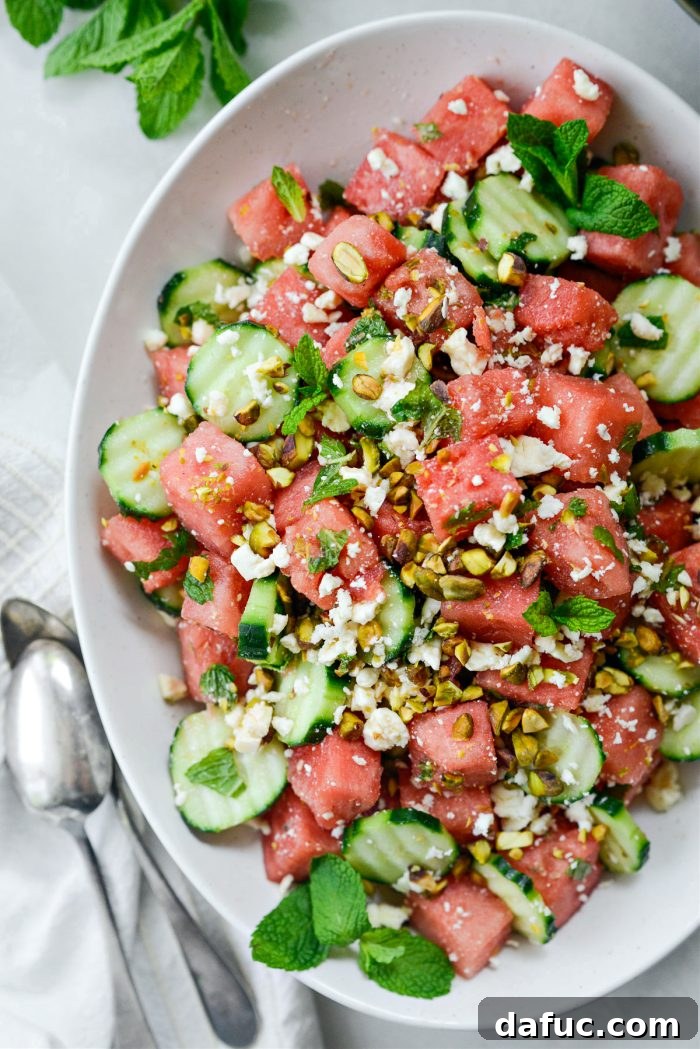Refreshing Watermelon Feta Cucumber Salad 10 Cucumber Watermelon Feta Salad garnished and ready to serve