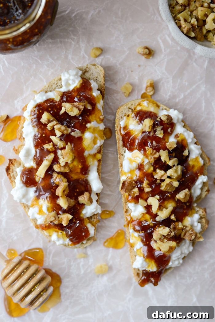 Honeyed Fig & Creamy Cottage Cheese Toast 7 Close-up of the fully assembled Honey Fig Jam and Cottage Cheese Toast, ready to eat.