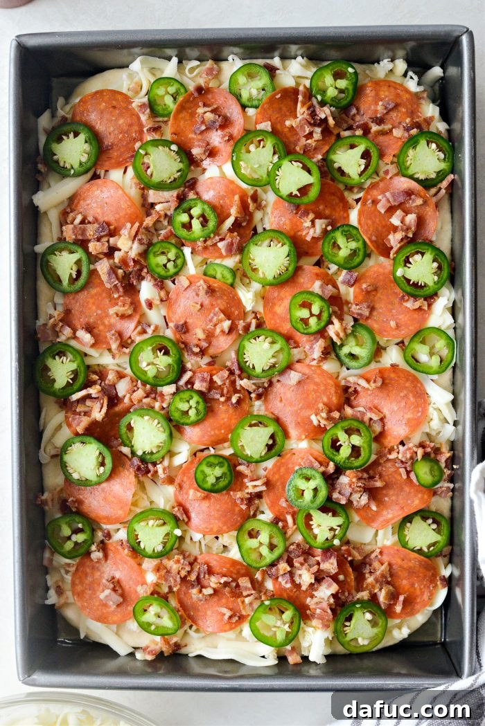 Sweet Heat Bacon Jalapeño Pizza 12 Adding pepperoni, bacon, and jalapenos to focaccia pizza