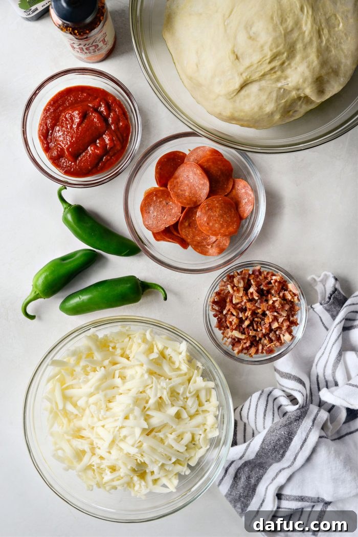 Ingredients laid out for Bacon Jalapeño Focaccia Pizza