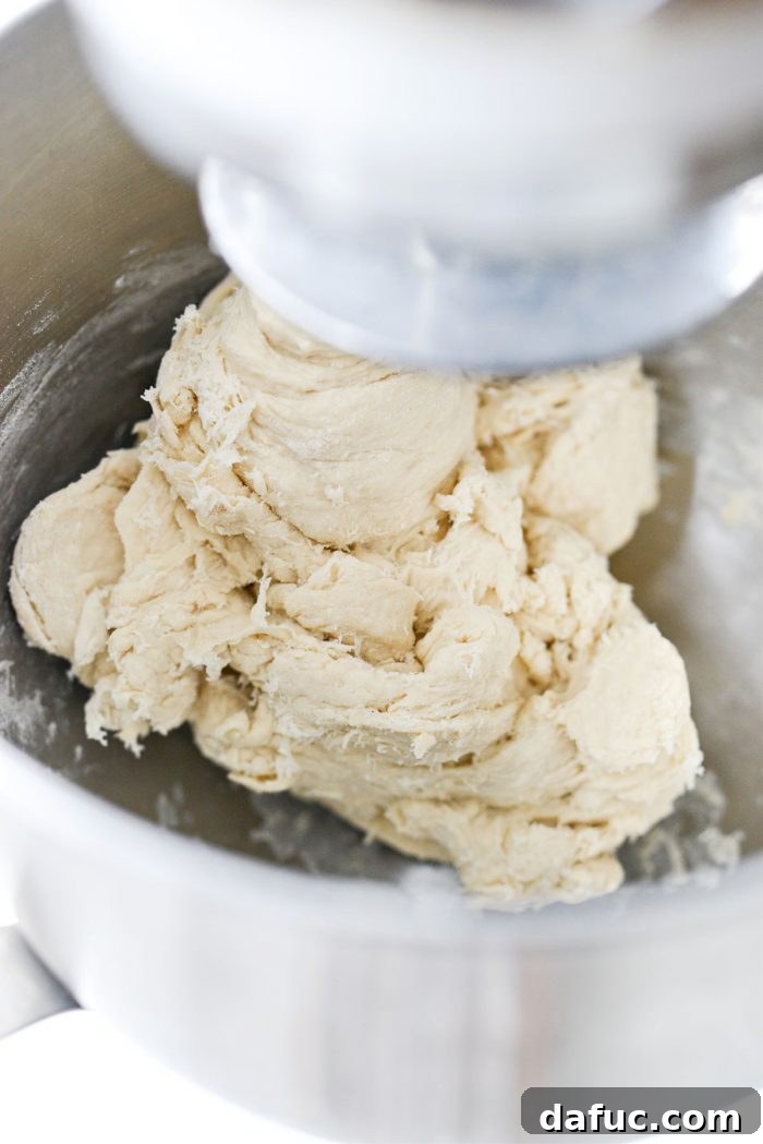 Fluffy Focaccia Pizza Dough Recipe 10 Smooth, well-mixed focaccia dough clinging to the dough hook in a stand mixer.