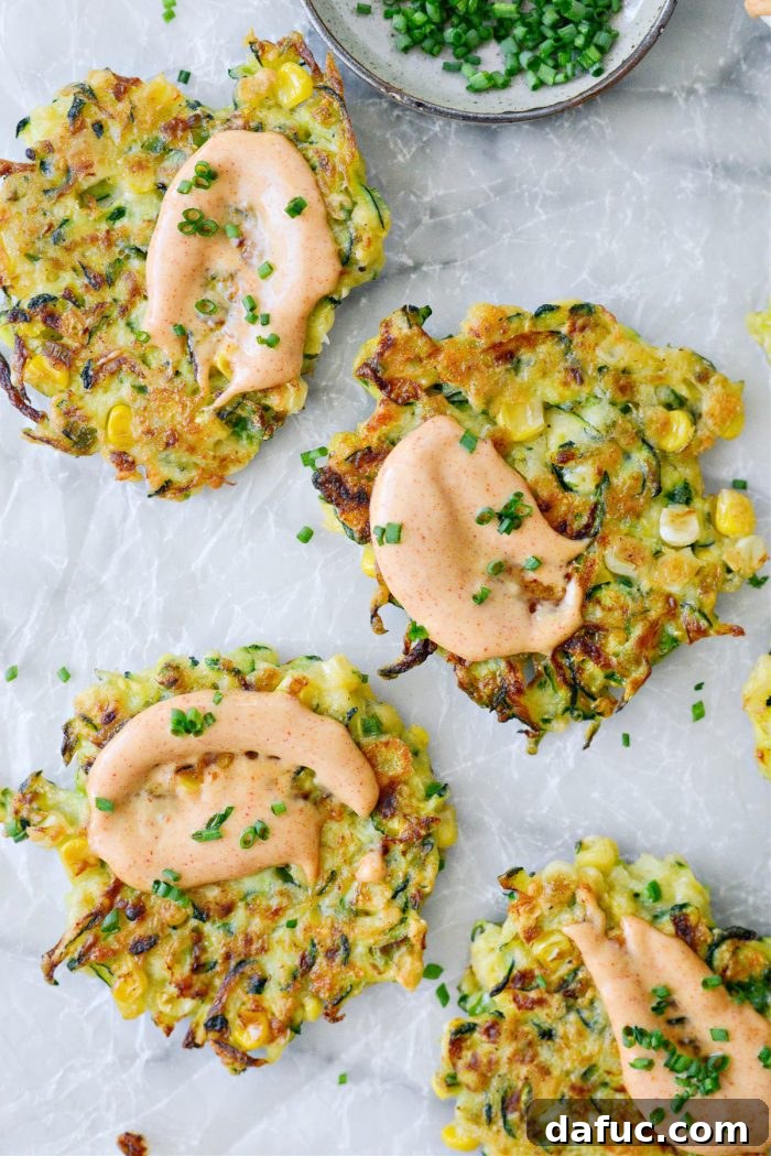 Crispy Zucchini Corn Fritters 16 Zucchini Corn Fritters with Yum Yum Sauce and fresh chives, garnished beautifully