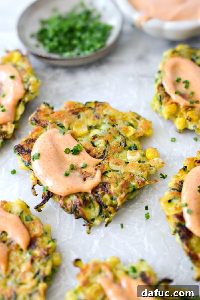 Crispy Zucchini Corn Fritters 17 Zucchini Corn Fritters with Yum Yum Sauce and chives on a rustic wooden board