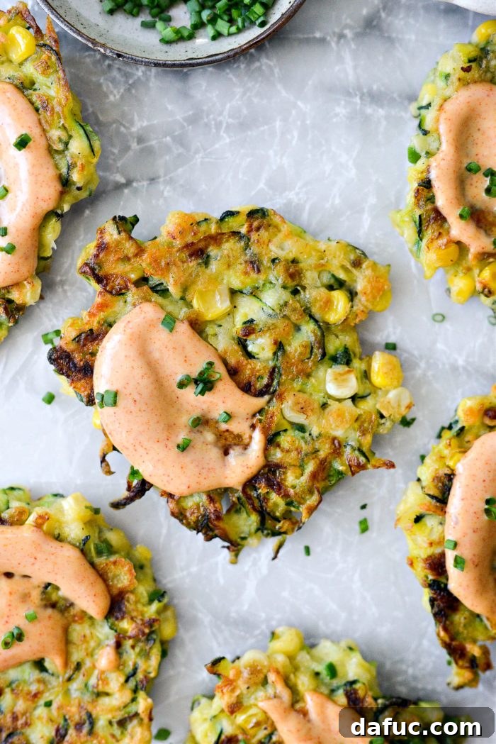 Crispy Zucchini Corn Fritters 3 Close-up of golden Zucchini Corn Fritters with a generous drizzle of Yum Yum Sauce