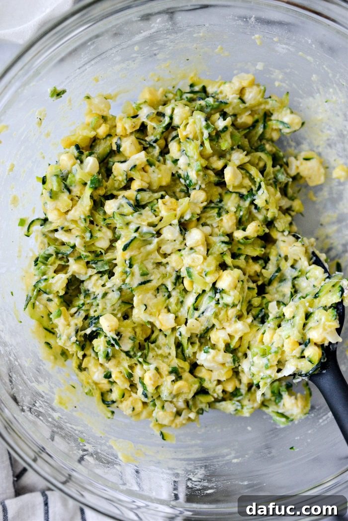 Crispy Zucchini Corn Fritters 10 Close-up of the prepared Zucchini Corn Fritter batter in a mixing bowl