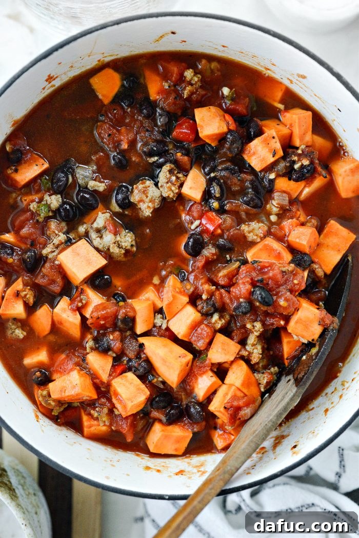 Finished Sweet Potato Turkey Chili in a pot