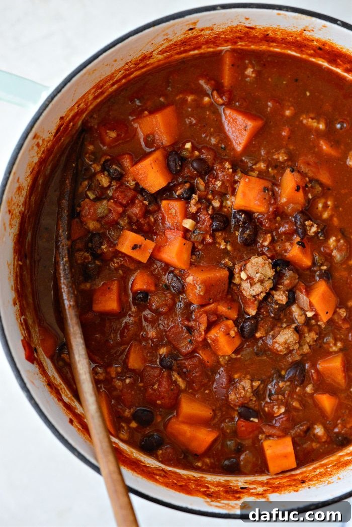 Sweet Potato Turkey Chili with toppings