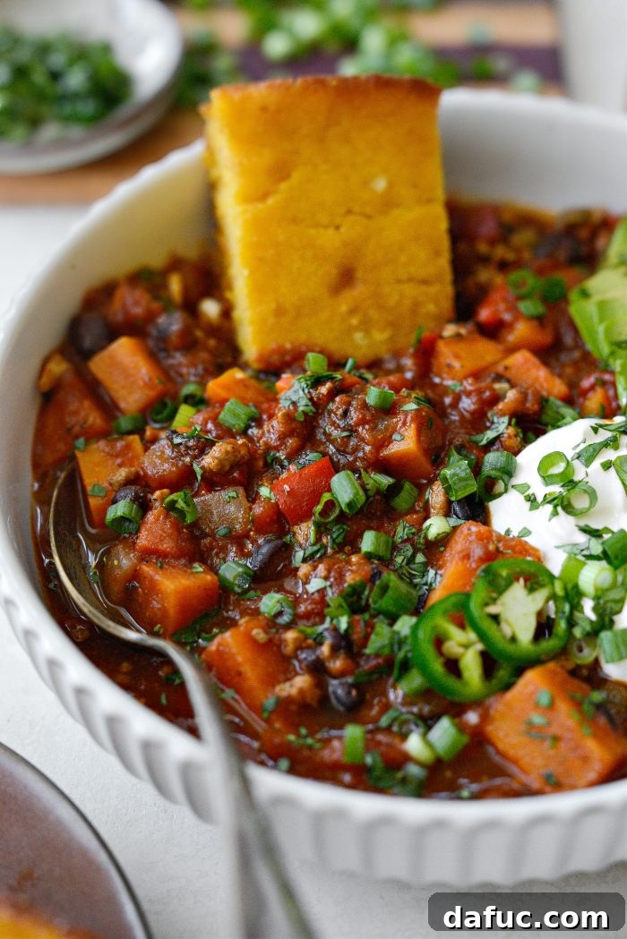Sweet Potato Turkey Chili in a pot, ready to be served