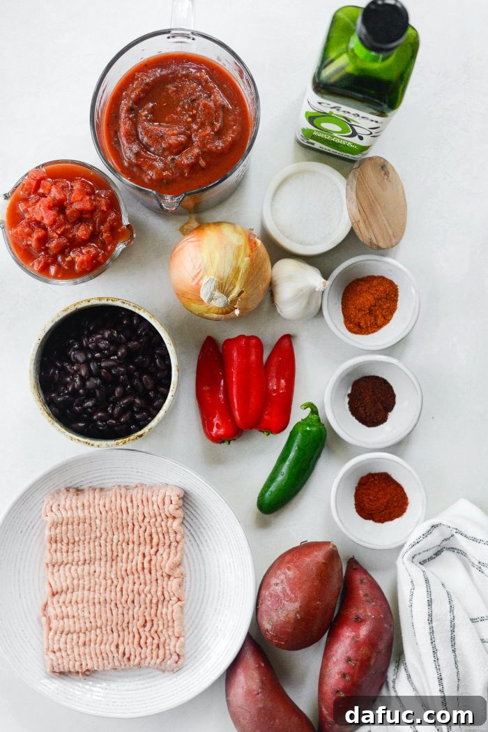 Ingredients laid out for Sweet Potato Turkey Chili preparation