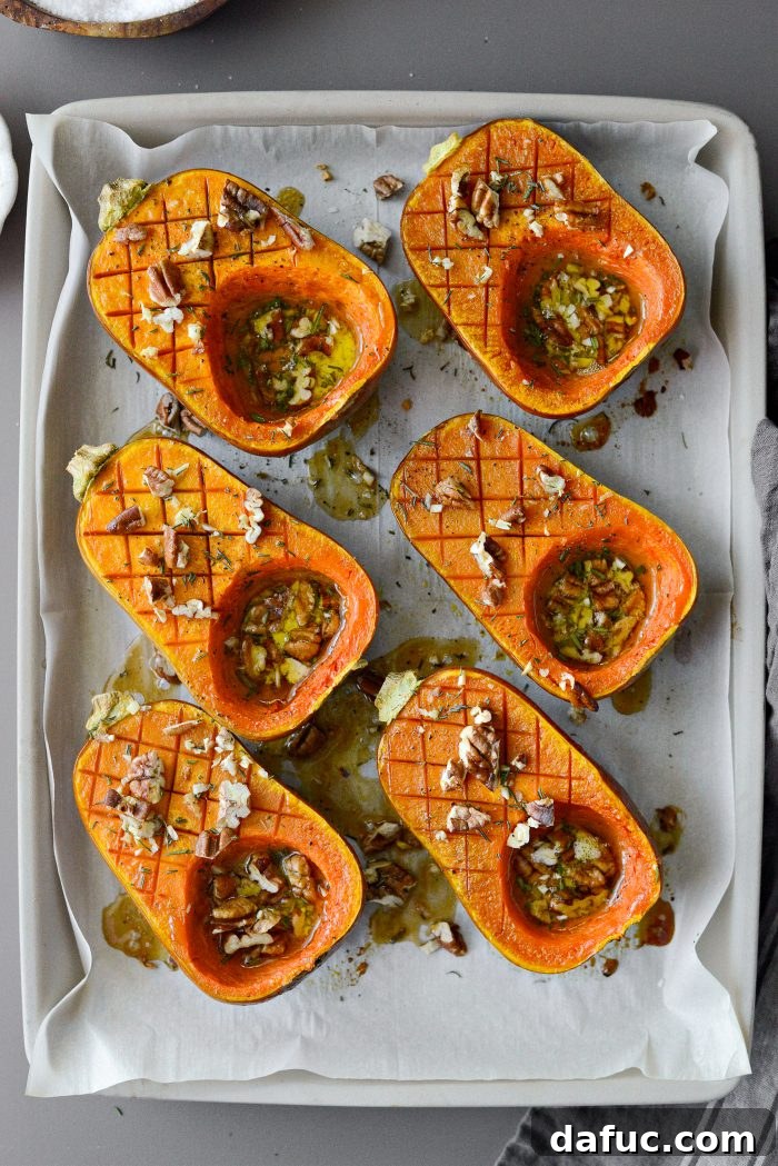 Roasted Maple Rosemary Honeynut Squash fresh out of the oven, golden and tender.