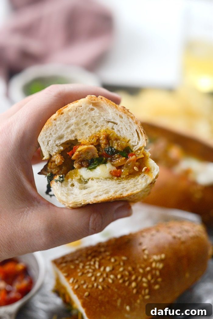 A final shot of the irresistible Spicy Italian Sausage Sub, emphasizing its hearty and comforting appeal.