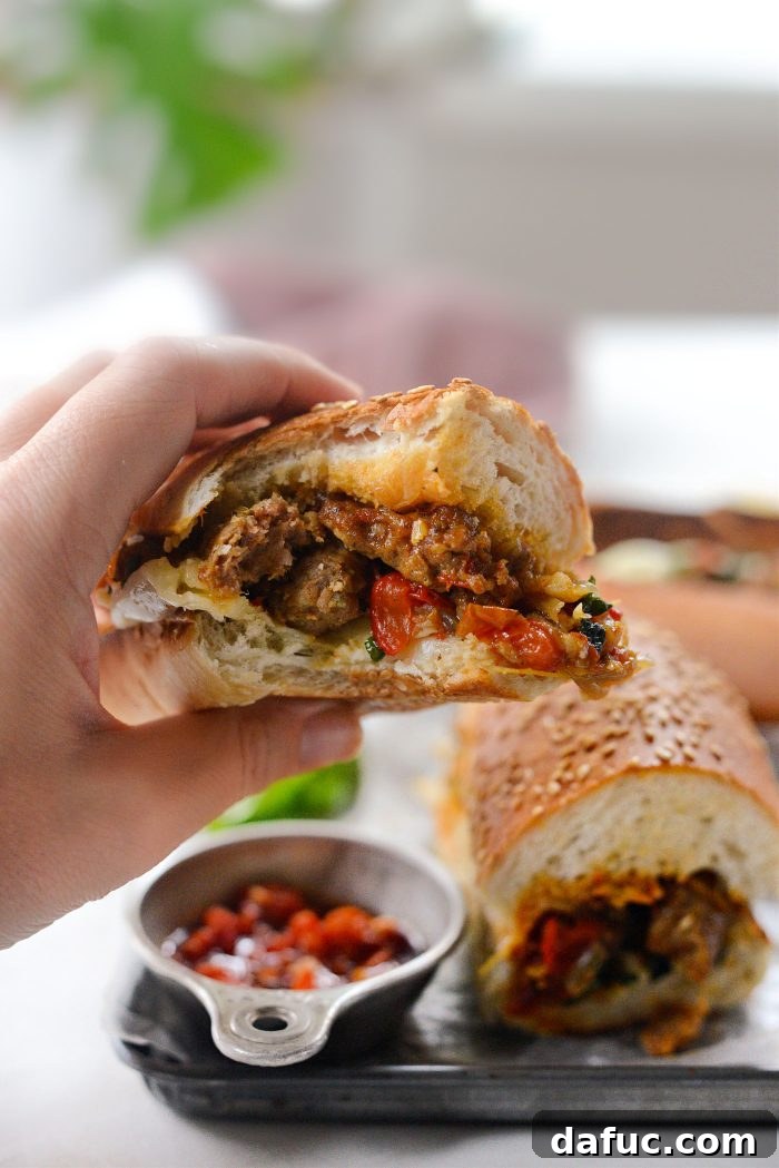 A tempting final image of the Spicy Italian Sausage Sub, perfectly golden and ready to be devoured.