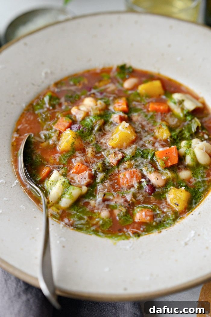 Golden Autumn Pumpkin Minestrone 21 A large bowl of Pumpkin Minestrone with garnishes