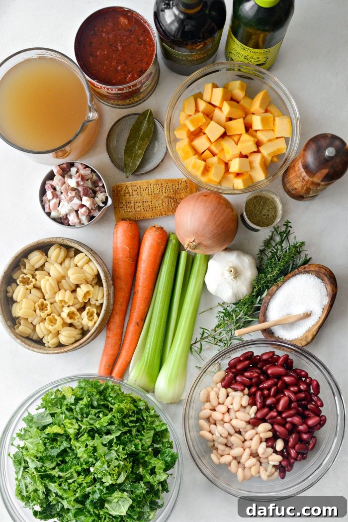 Golden Autumn Pumpkin Minestrone 4 Ingredients for Pumpkin Minestrone laid out on a table