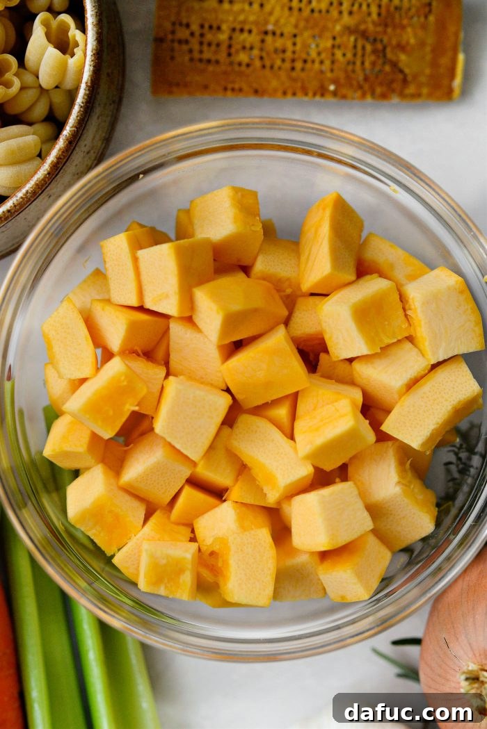 Golden Autumn Pumpkin Minestrone 6 Diced pumpkin cubes ready for cooking