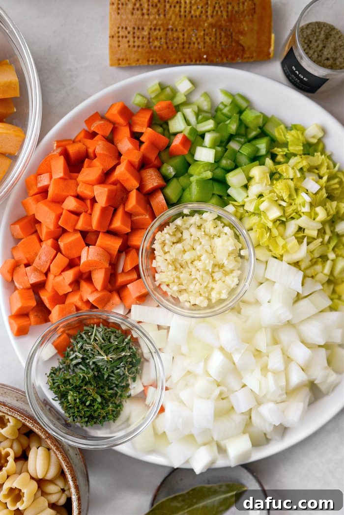 Golden Autumn Pumpkin Minestrone 8 Prepped vegetables and fresh herbs for minestrone