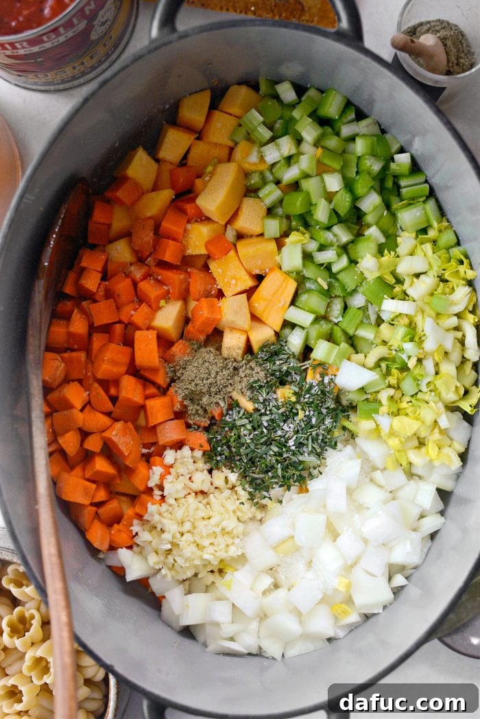 Golden Autumn Pumpkin Minestrone 9 Vegetables and herbs cooking in rendered pancetta fat
