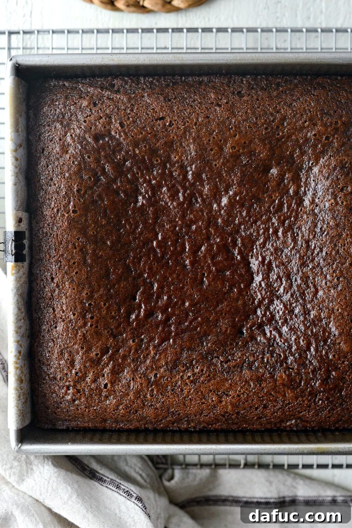 Freshly baked Gingerbread Cake cooling on a rack