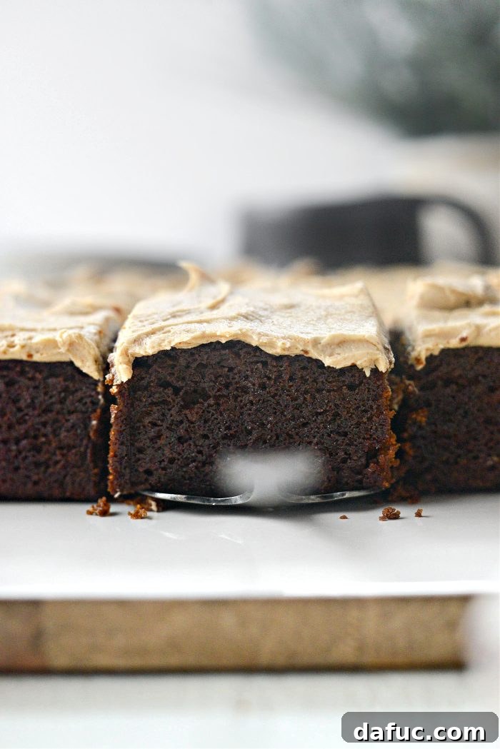 A slice of Gingerbread Cake served with coffee