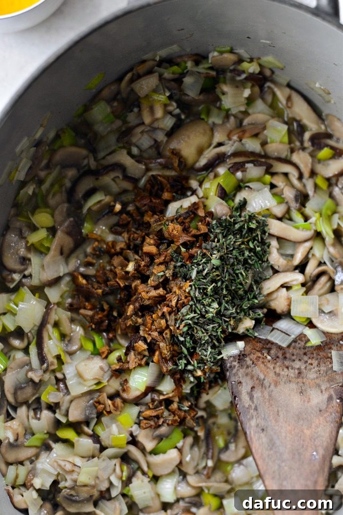 Gourmet Leek and Wild Mushroom Stuffing 11 Chopped porcini mushrooms and fresh thyme added to the mixture