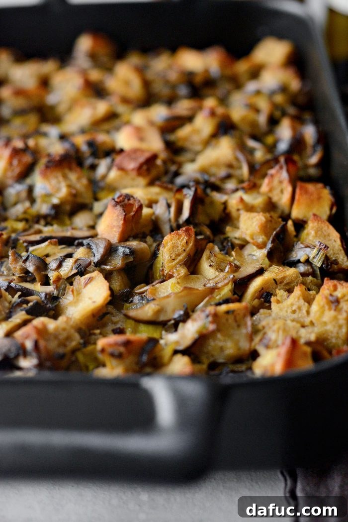 Gourmet Leek and Wild Mushroom Stuffing 3 Leek and Wild Mushroom Stuffing served alongside a holiday meal