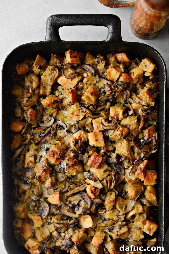 Gourmet Leek and Wild Mushroom Stuffing 21 A close-up shot of the delicious Leek and Wild Mushroom Stuffing