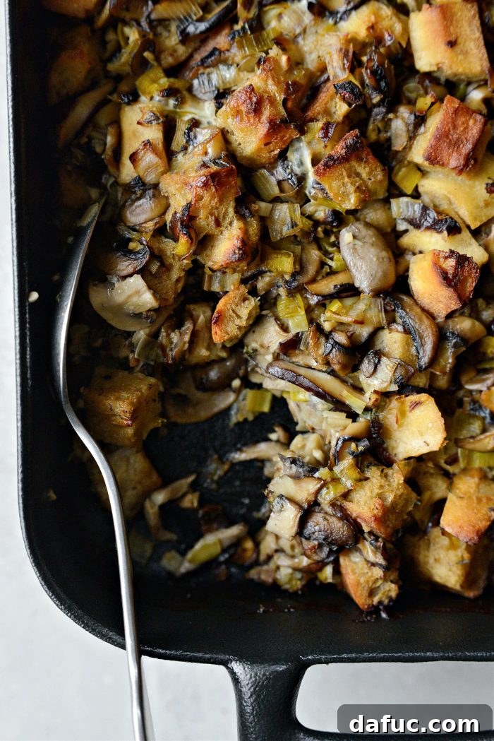 Gourmet Leek and Wild Mushroom Stuffing 22 Generous serving of Leek and Wild Mushroom Stuffing on a plate