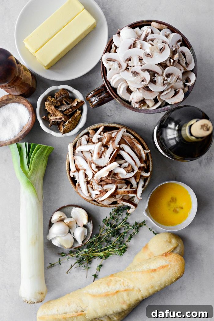 Gourmet Leek and Wild Mushroom Stuffing 4 Assortment of fresh ingredients for Leek and Wild Mushroom Stuffing
