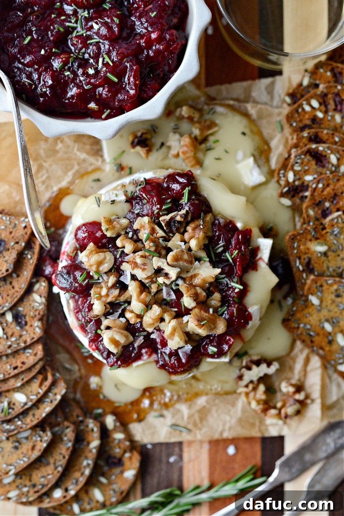 Golden Maple-Drizzled Brie with Ruby Cranberry Swirl 14 Maple Baked Brie with Cranberry Jam garnished with walnuts and rosemary on a platter