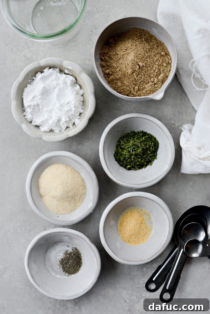 Array of fresh and dried ingredients for Au Jus Gravy Mix