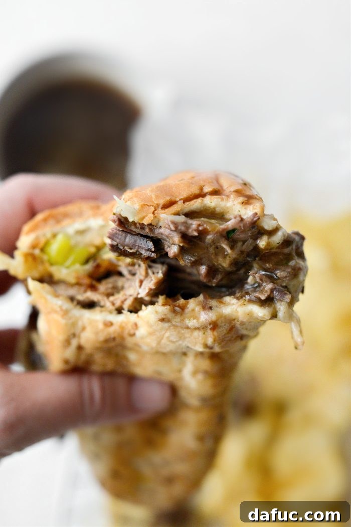 A final close-up shot of the Mississippi Pot Roast Sandwich, emphasizing its delicious appeal and inviting texture.