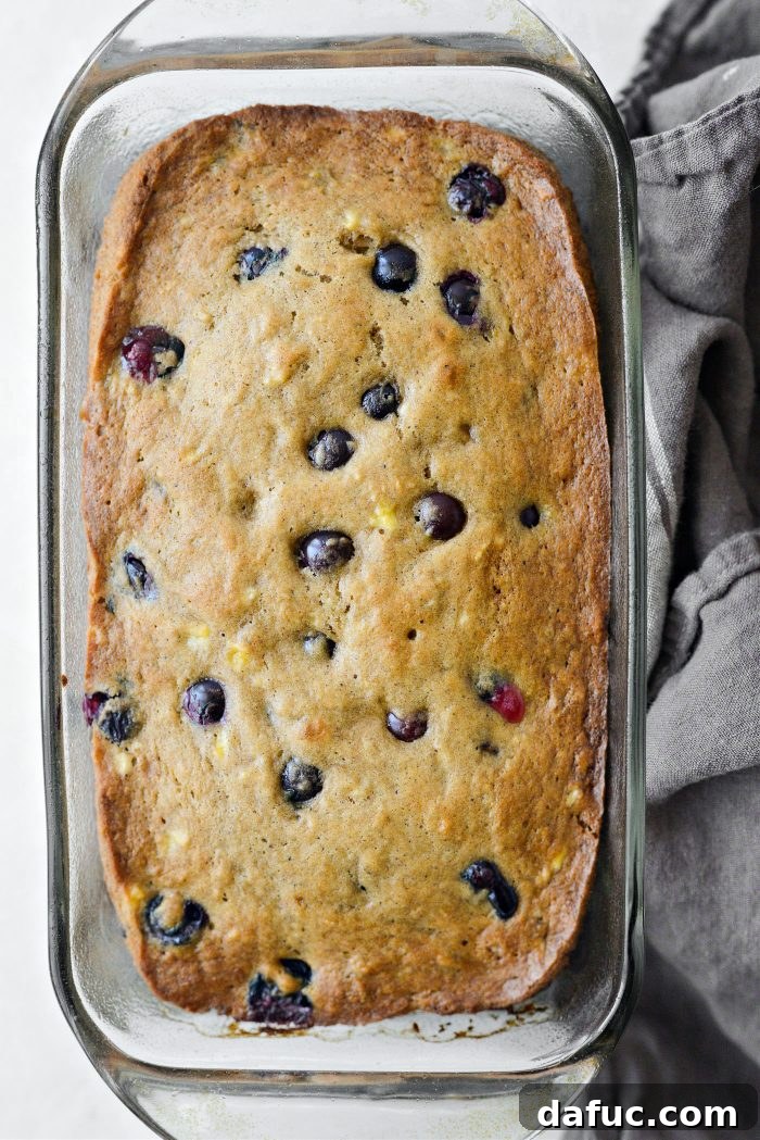 Freshly baked Blueberry Banana Bread just out of the oven