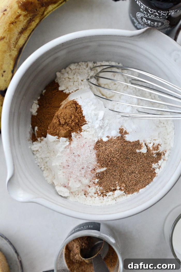 Dry ingredients for Blueberry Banana Bread measured into a small bowl